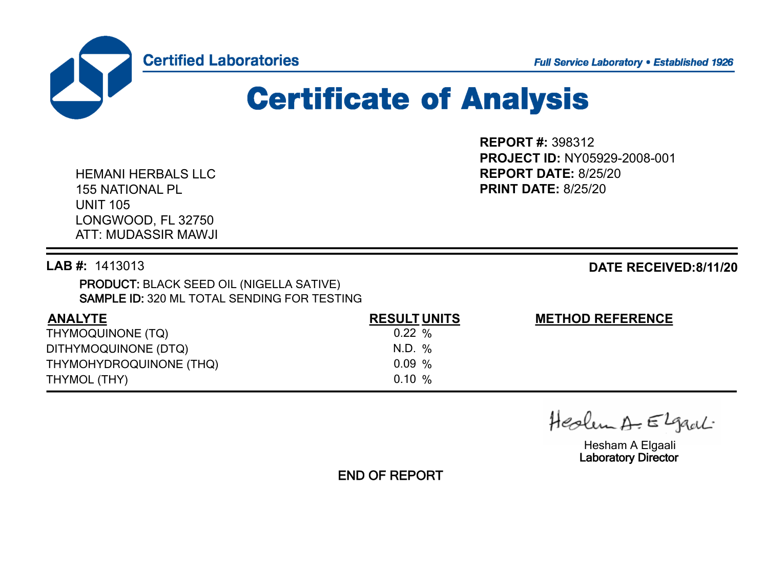 Certificate of Analysis — Black Seed Oil Capsules 1600mg